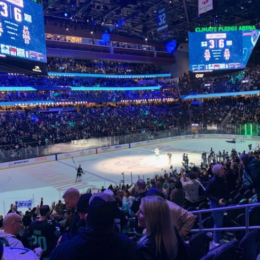 Joey Daccord on the ice after winning 6-2 against the Canucks
